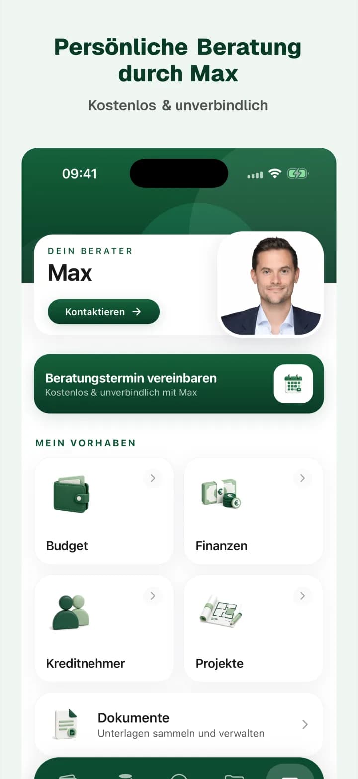 BaufiQuadrat-App: Hauptmenü mit persönlichem Berater Max, Beratungstermin sowie Budget, Finanzen, Kreditnehmer und Projekten