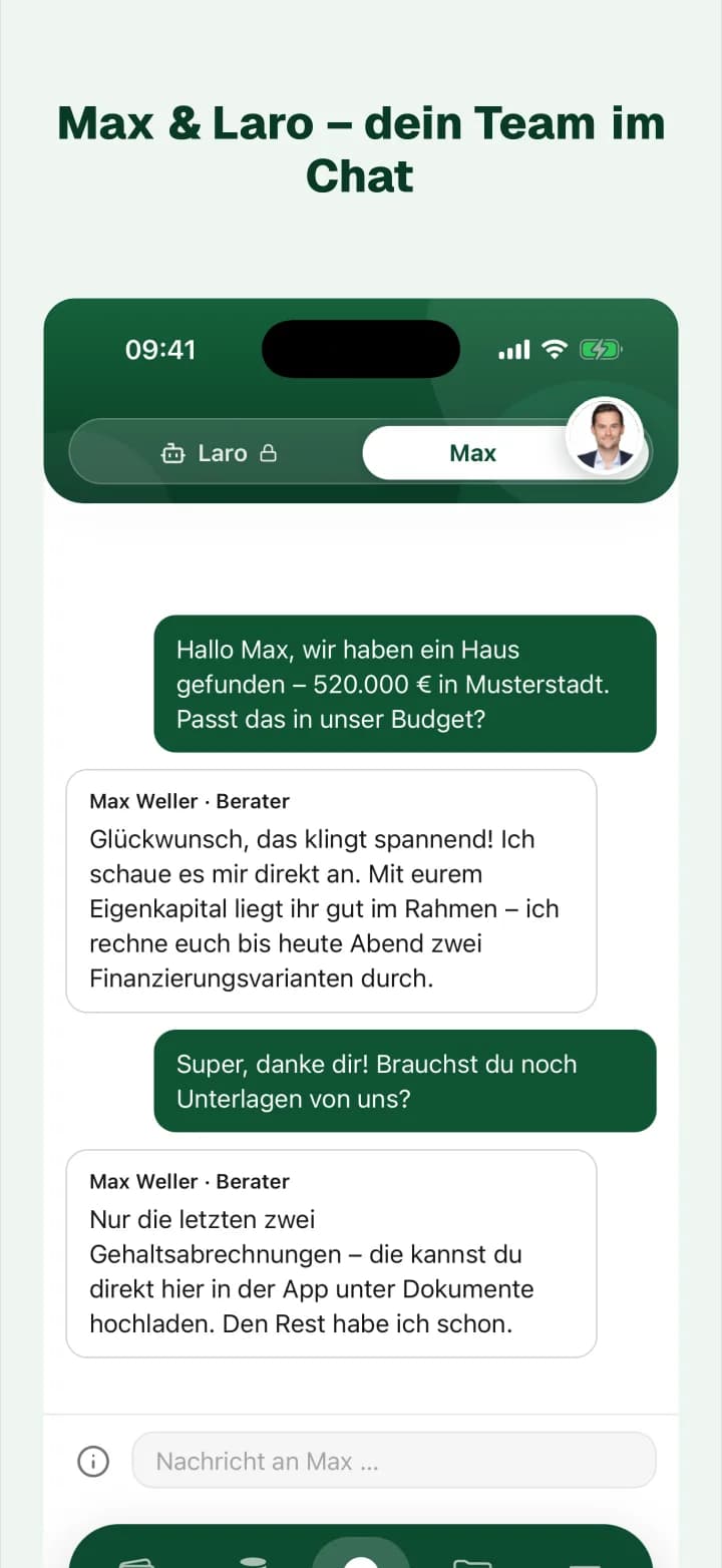 BaufiQuadrat-App: In-App-Chat mit KI-Assistent Laro und dem persönlichen Berater