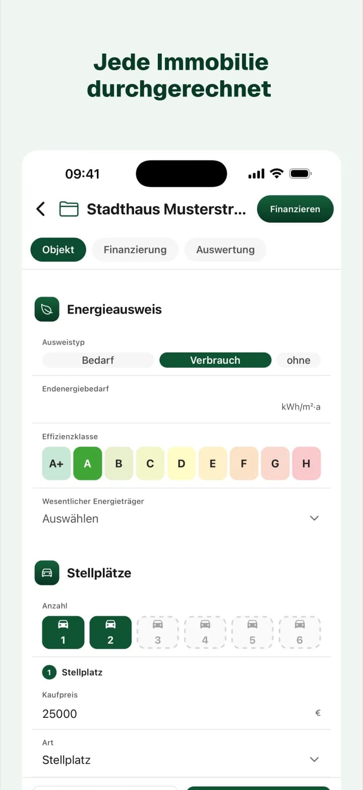 BaufiQuadrat-App: Immobilienprojekt mit Energieausweis, Effizienzklasse und Stellplätzen
