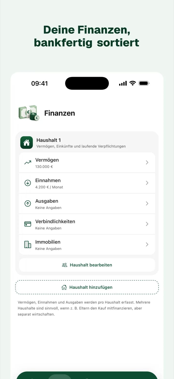 BaufiQuadrat-App: Finanzen-Screen mit Vermögen, Einnahmen, Ausgaben und Verbindlichkeiten pro Haushalt