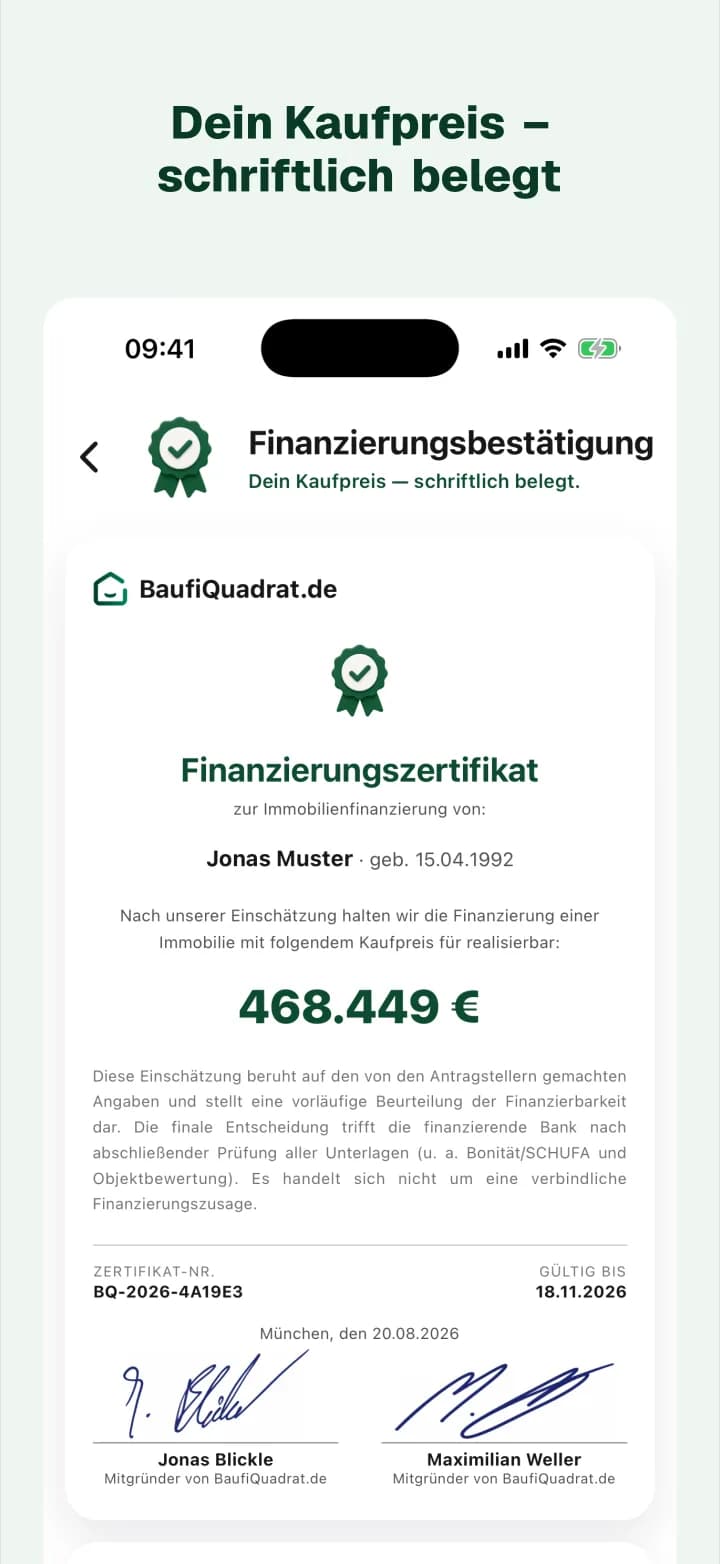 BaufiQuadrat-App: Finanzierungsbestätigung mit bestätigtem maximalem Kaufpreis