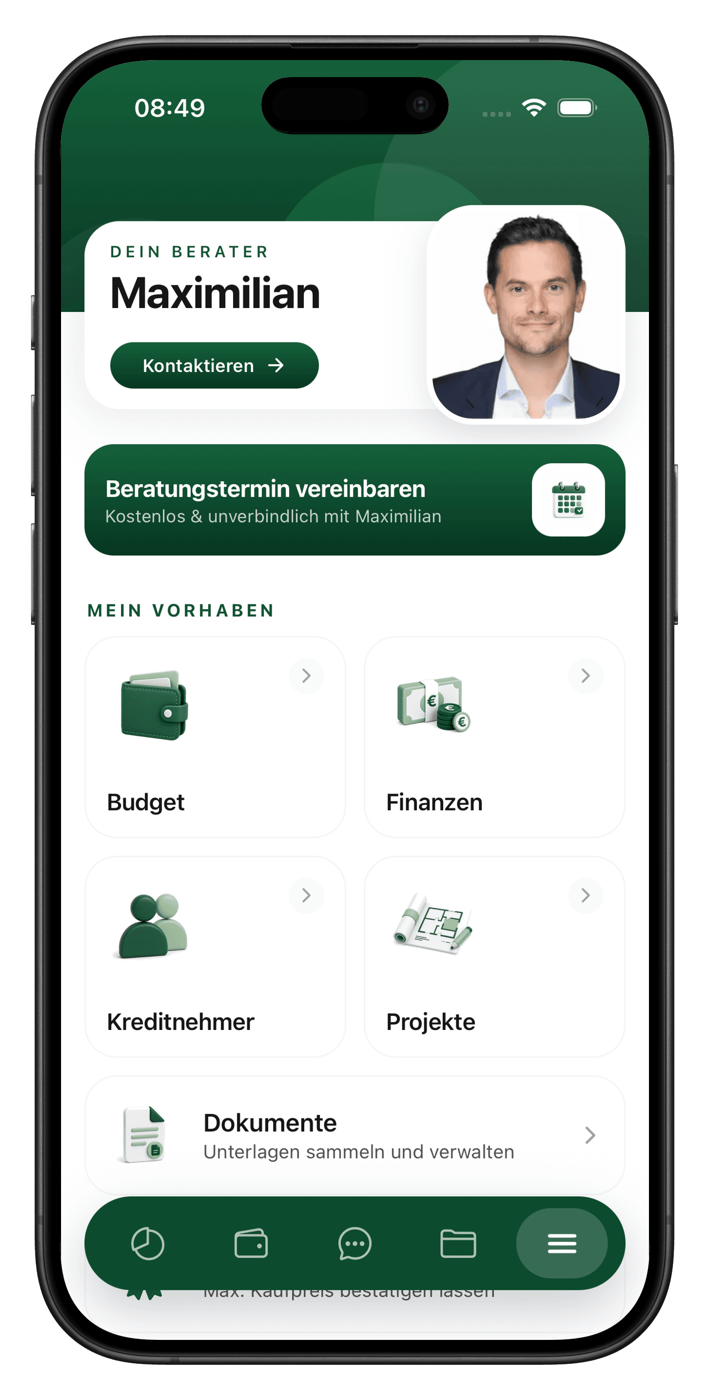 BaufiQuadrat-App mit persönlichem Berater, Budget, Finanzen, Projekten und Dokumenten